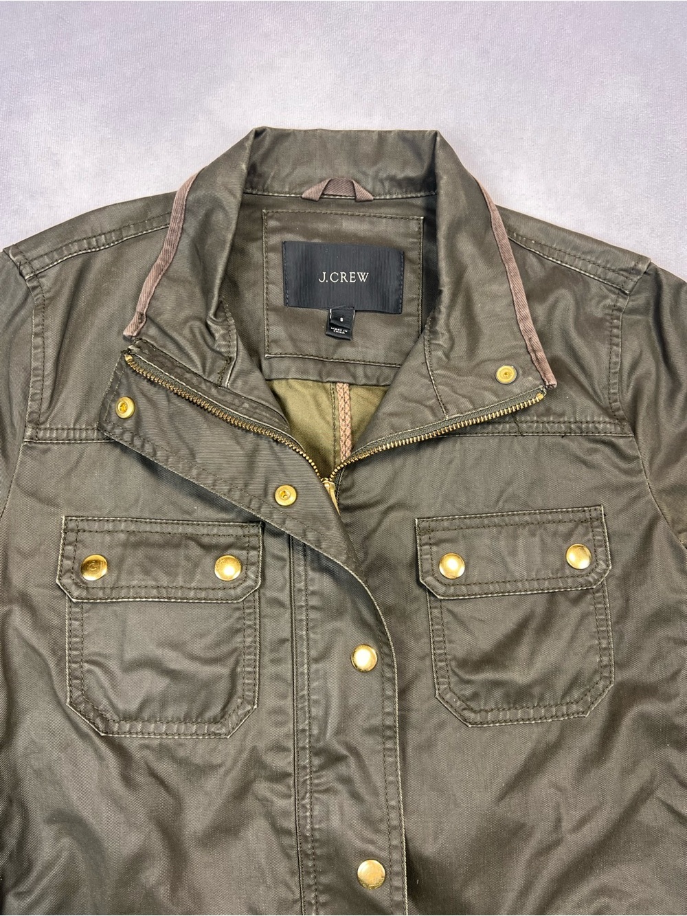 J. Crew Olive Utility Jacket with Gold Hardware and Contrast Trim